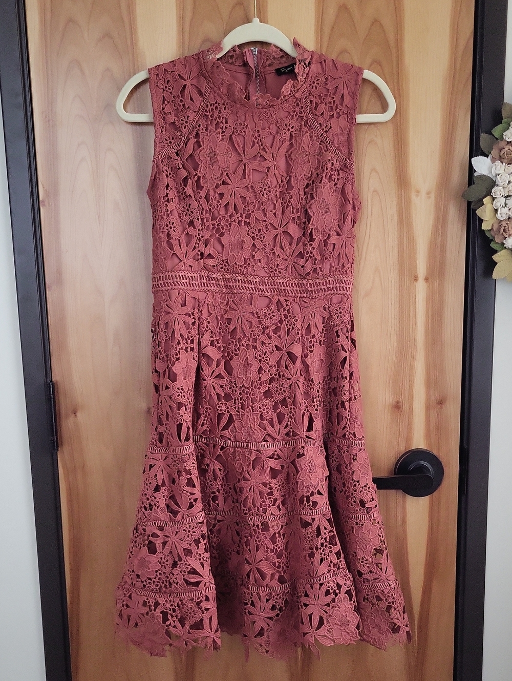 Sleeveless Floral Crochet Midi Dress in Mauve Pink